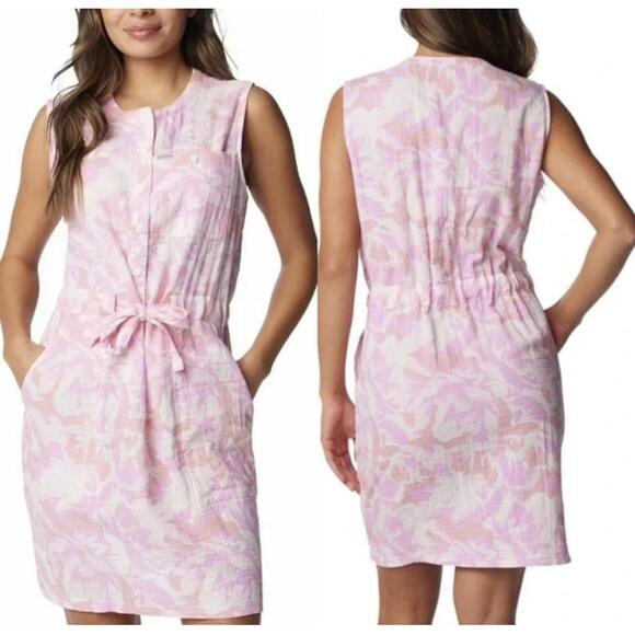 Columbia Pink Peonies Floral Tie Waist Button Front‎ Sleeveless Outdoor Dress L - Picture 1 of 11